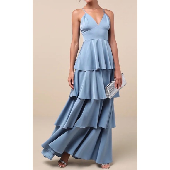 Lulus Dresses & Skirts - NWT Lulus Going with Elegance Slate Blue Satin Tiered Gown Size Small Formal